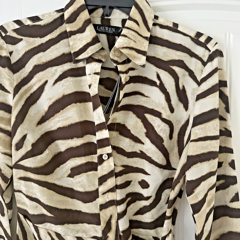 Lauren Ralph Lauren Women's Zebra-Print Tie-Front Crepe Shirtdress Cream Brown 2 - Picture 8 of 14